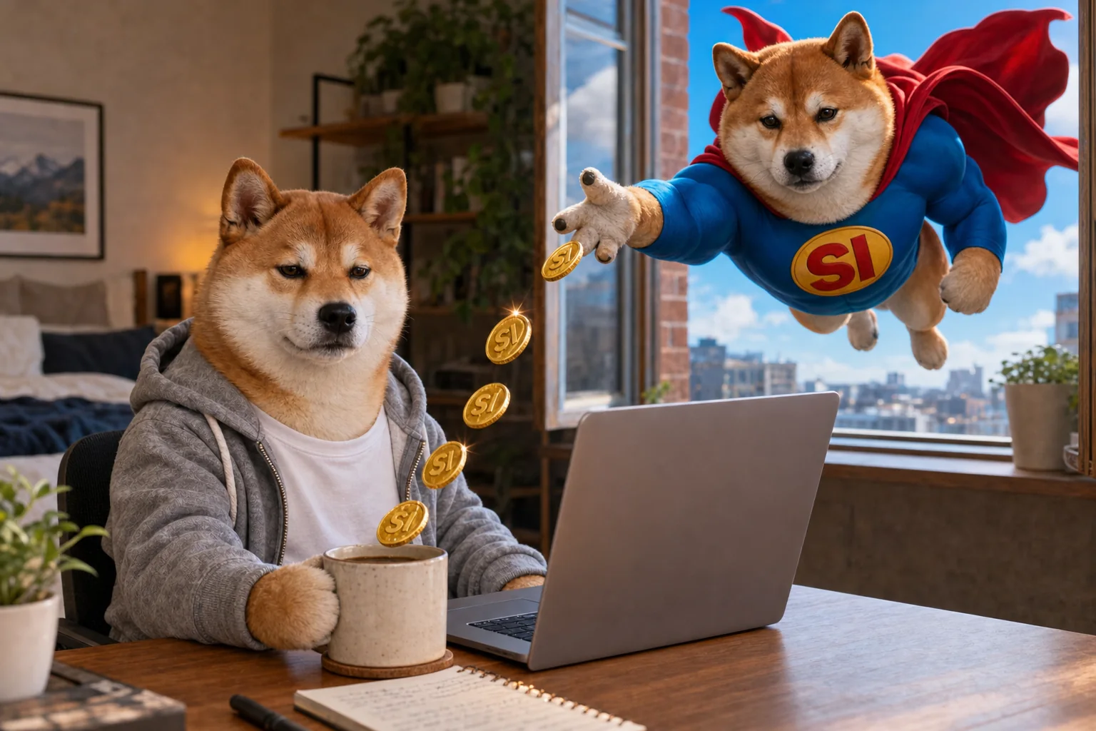 Super Inu flies through the window tossing SI coins into Average Inu's coffee while he keeps working